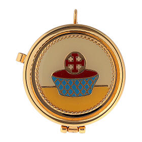 Versehpatene aus vergoldetem Messing mit Platte mit Symbol der Eucharistie, 3 x 5 cm