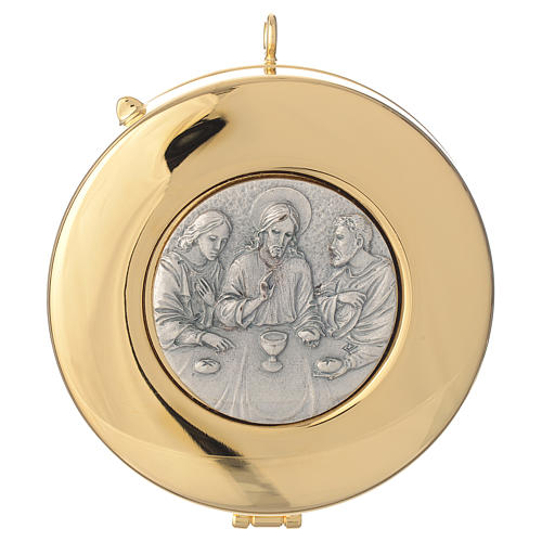Golden brass pyx with pewter medal Last Supper, 8cm diameter 1