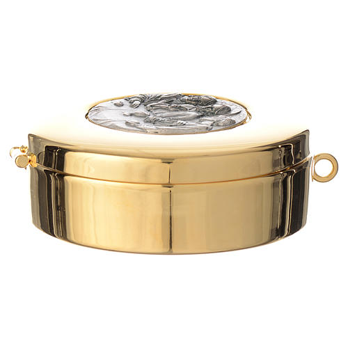 Golden brass pyx with pewter medal Last Supper, 8cm diameter 3
