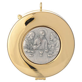 Golden brass pyx with pewter medal Last Supper, 8cm diameter