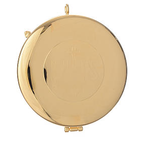 Golden brass pyx with IHS engraving, 7.7cm diameter