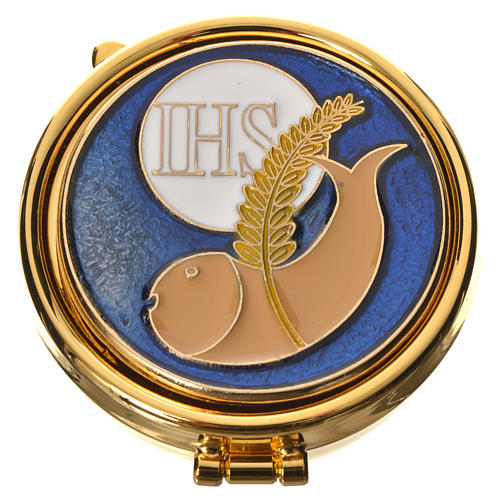 Mini Pyx in enamelled brass with IHS, wheat and fish symbol 1