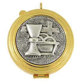 Pyx with cross and Eucharistic symbols in knurled brass