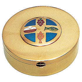 Hostiendosen und Hostienbehälter: Hostiendose Messing Emaillack Symbolen 9cm Molina
