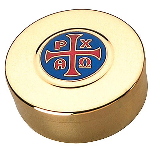 Pyx for hosts in golden brass with enamel symbols Pax, Alpha, Omega 9cm Molina 1