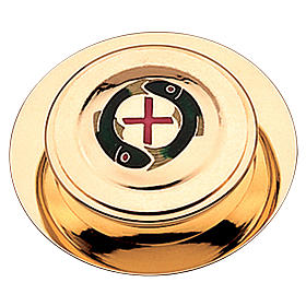 Pyx for hosts in golden brass with two fish and red cross 10.5cm Molina