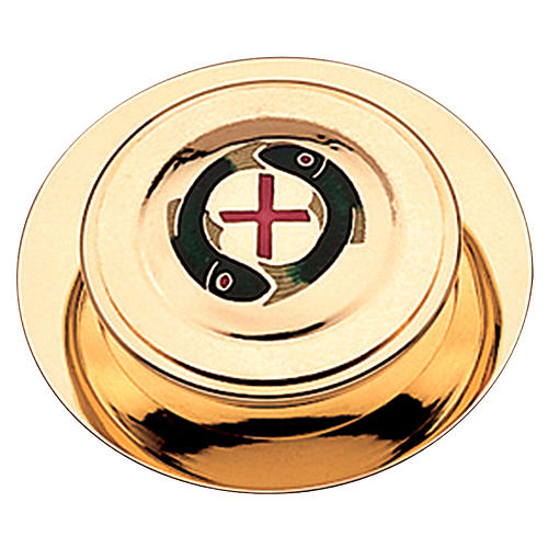 Pyx for hosts in golden brass with two fish and red cross 10.5cm Molina 1
