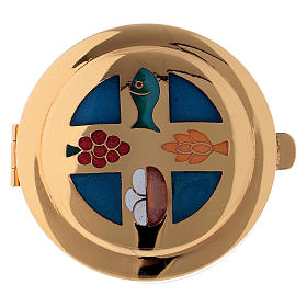 Relicarios eucarísticos: Caja para hostia dorado Molina esmalte azul y dibujos diam. 6 cm