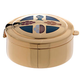Relicarios eucarísticos: Caja para hostia dorado Molina esmalte azul y dibujos diam. 6 cm