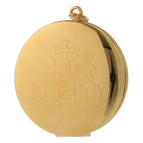 Pyx for hosts in golden brass with hand engraved JHS symbol 5cm Molina 1