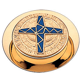 Modern Pyx for hosts in golden finish with blue enamel and cross by Molina 10.5cm
