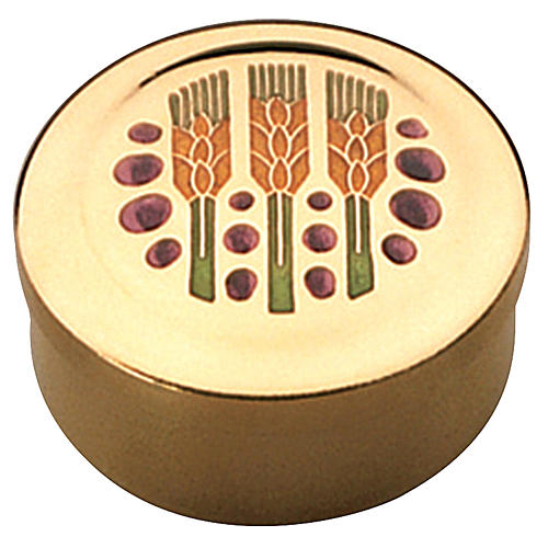 Caja para hostia en latón dorado  y con esmalte que representa las pepitas violeta y espigas  Verdes, de Molina 1