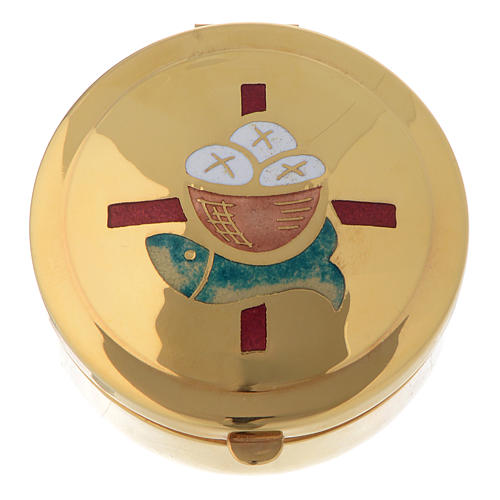 Modern Pyx for hosts in golden brass with Fishes and Loaves in red enamel Molina 1
