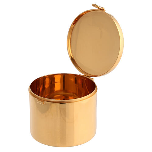 Modern Pyx for hosts in golden brass with Fishes and Loaves in red enamel Molina 3