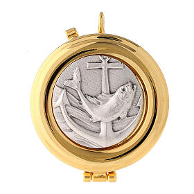 Pyx with fish and anchor, pewter, 2 in diameter