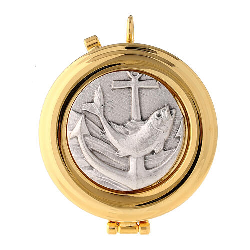 Pyx with fish and anchor, pewter, 2 in diameter 1