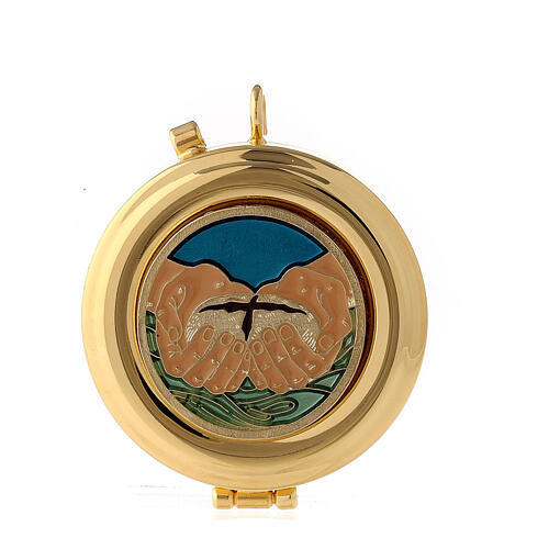 Enamelled pyx with hands holding bread 2 in diameter 1