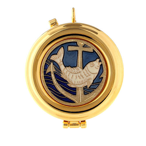 Enamelled pyx with fish and anchor 2 in diameter 1