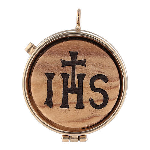 Pyx olive wood plaque IHS symbol 5 cm 1