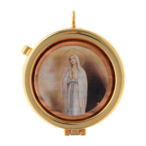 Relicario Eucarístico latón y madera de olivo diám. 6 cm Virgen de Lourdes rezando 1