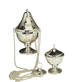 Censer and boat in silver plated hand chiseled