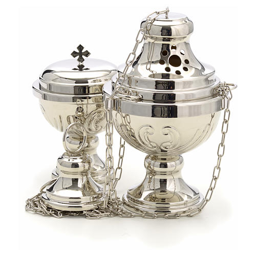 Censer and boat in silver plated brass hand chiseled 2