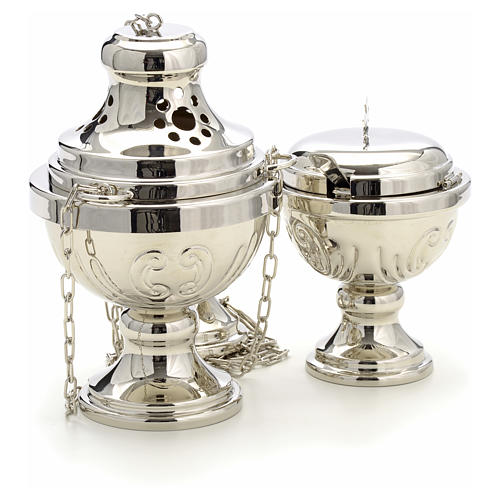 Censer and boat in silver plated brass hand chiseled 3