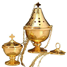 Censer and boat in golden and silver plated brass