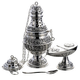 Thurible and oval boat in silver plated chiselled cast brass