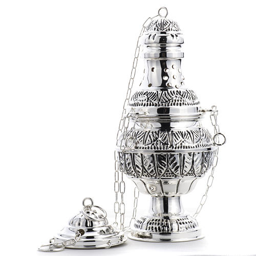 Thurible and oval boat in silver plated chiselled cast brass 7