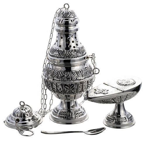 Thurible and oval boat in silver plated chiselled cast brass 1