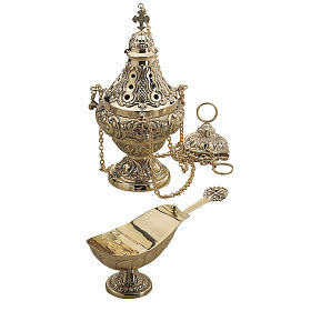 Weihrauchfässer, Weihrauchschiffchen: Räucherfass und Schiffchen vergoldeten Messing Molina