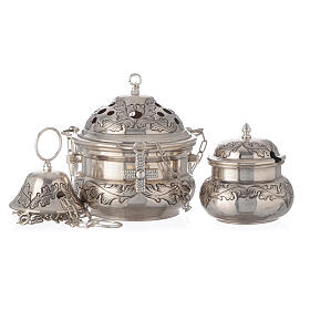 Thurible and boat of silver-plated brass with leaves and cross