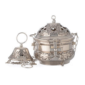 Thurible and boat of silver-plated brass with leaves and cross