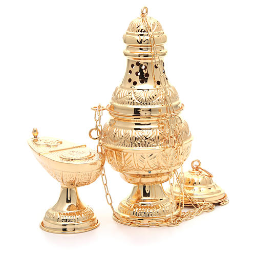 Thurible golden brass gothic decoration with basket height 31 cm