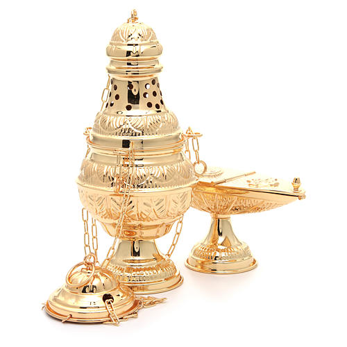 Thurible with oval boat in golden, chiselled cast brass 4