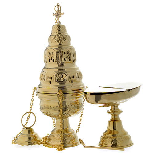 Censer and boat with leaves decoration in golden brass 1