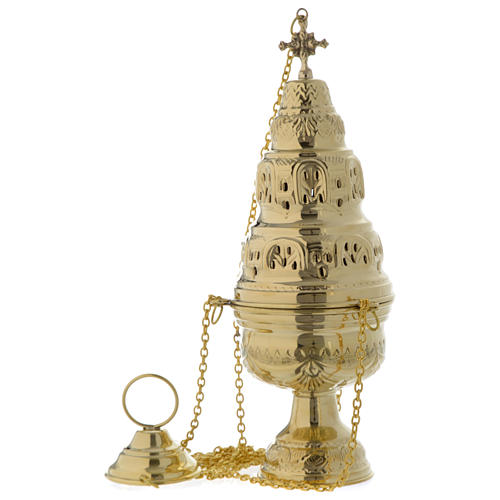 Censer and boat with leaves decoration in golden brass 2