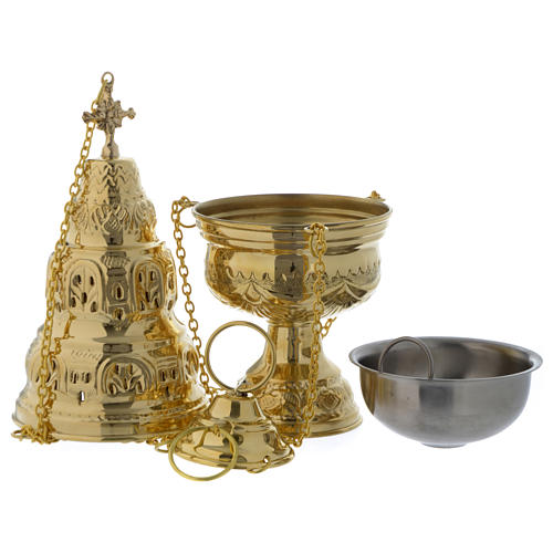 Censer and boat with leaves decoration in golden brass 4