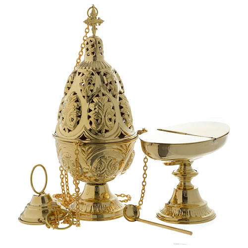 Censer and boat with leaves engraving in golden brass 1
