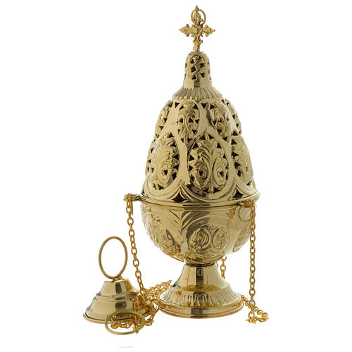 Censer and boat with leaves engraving in golden brass 2