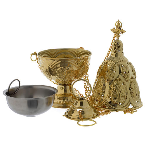 Censer and boat with leaves engraving in golden brass 4