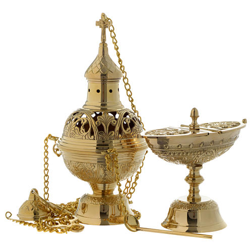 Censer and boat with leaves and cross decoration in golden brass 1