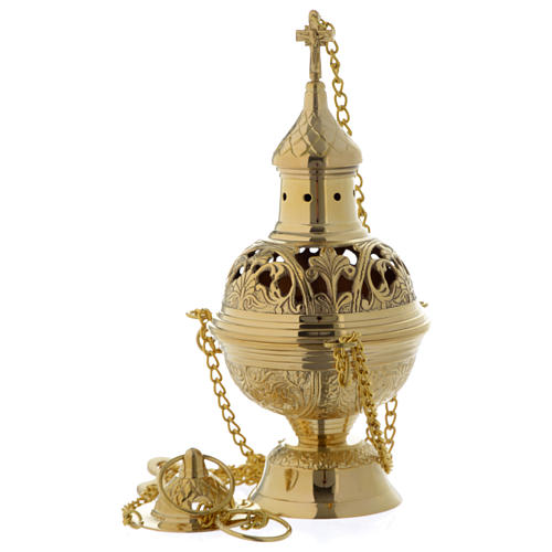Censer and boat with leaves and cross decoration in golden brass 2