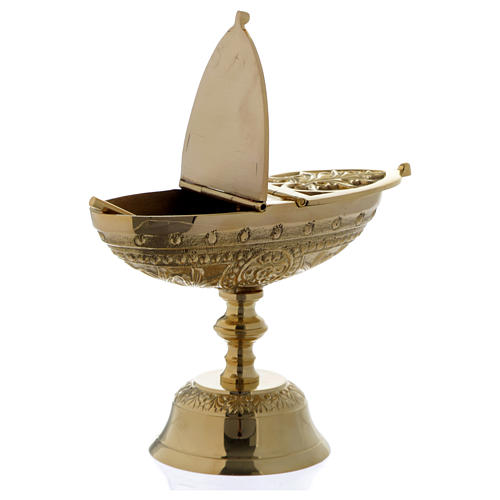 Censer and boat with leaves and cross decoration in golden brass 3