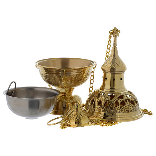 Censer and boat with leaves and cross decoration in golden brass 4