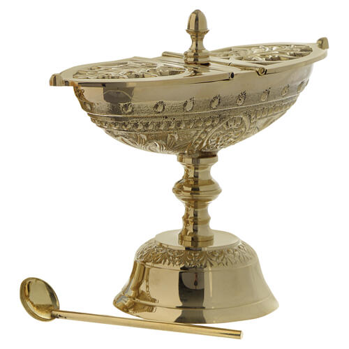 Censer and boat with leaves and cross decoration in golden brass 5
