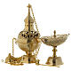 Thurible and boat with leaves and cross in gilded brass s1