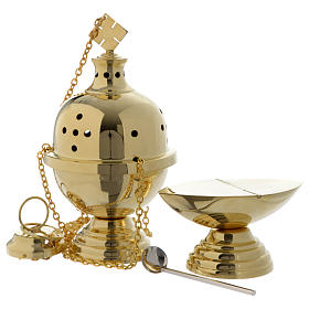 Censer and boat in golden brass, smooth