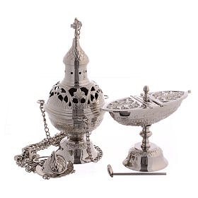 Incense set: censer and boat with spoon in nickeled brass